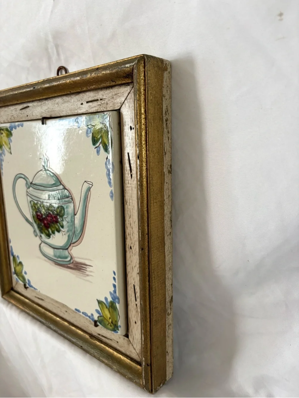 Vintage tea party pot painted tile ceramic wood frame home decor wall art